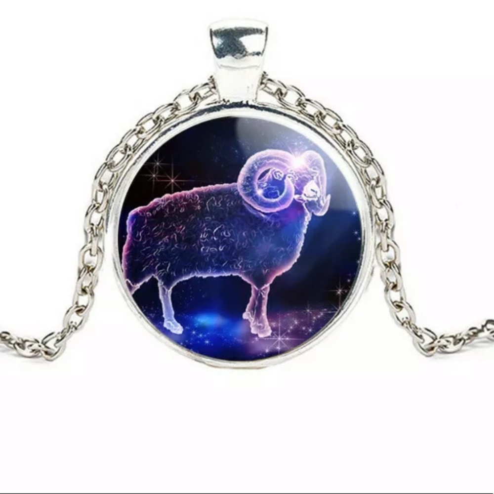 Aries Ram Silver Zodiac Glass Pendant Boho Astrology Sign Artsy Necklace -New
